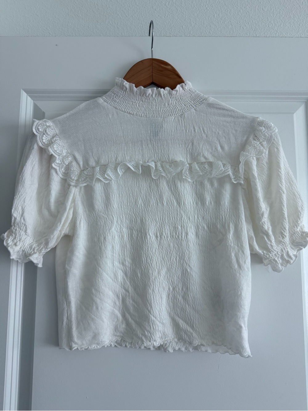 H&M Cream Ruffled High-Neck Puff Sleeve Top